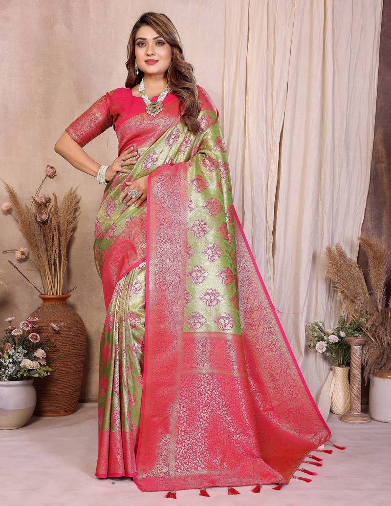 green color heavy rich banarasi tissue silk blend blend for ceremonial traditional looks