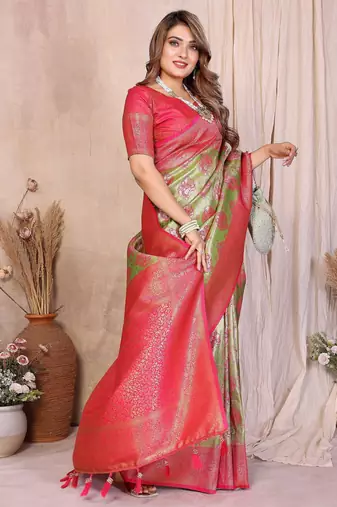 green heavy rich faux banarasi tissue silk blend blend ceremonial traditional looks