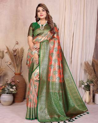orange heavy rich faux banarasi tissue silk blend blend ceremonial traditional looks 1