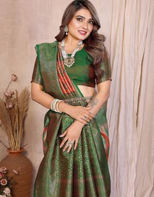 orange heavy rich faux banarasi tissue silk blend blend ceremonial traditional looks 4
