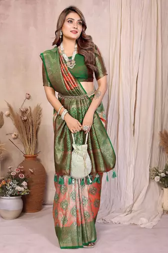 orange heavy rich faux banarasi tissue silk blend blend ceremonial traditional looks