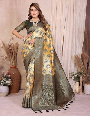 yellow heavy rich faux banarasi tissue silk blend blend ceremonial traditional looks 1