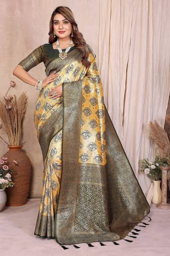 yellow color heavy rich banarasi tissue silk blend blend for ceremonial traditional looks