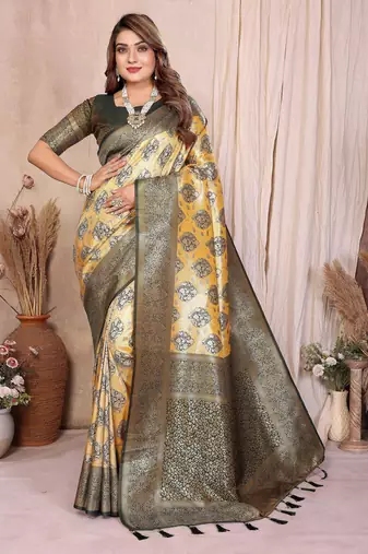 yellow color heavy rich banarasi tissue silk blend blend for ceremonial traditional looks