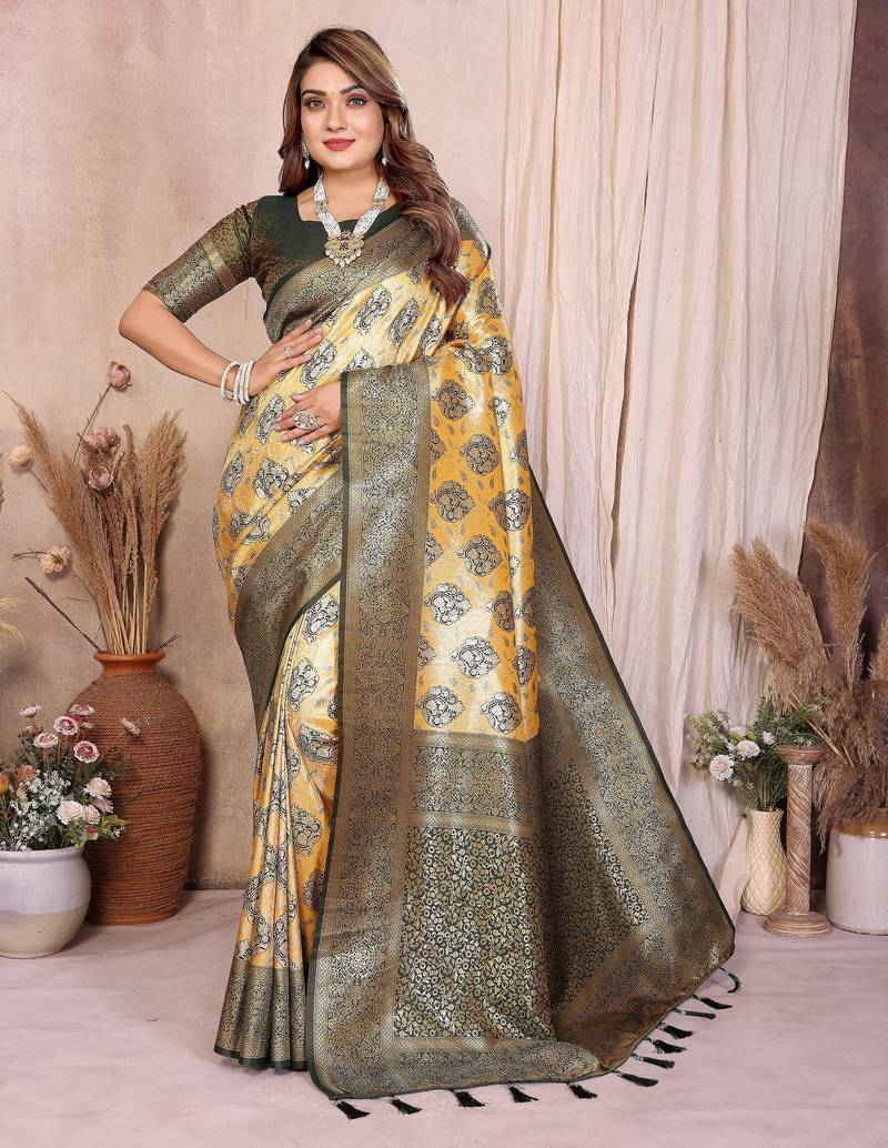 yellow color heavy rich banarasi tissue silk blend blend for ceremonial traditional looks