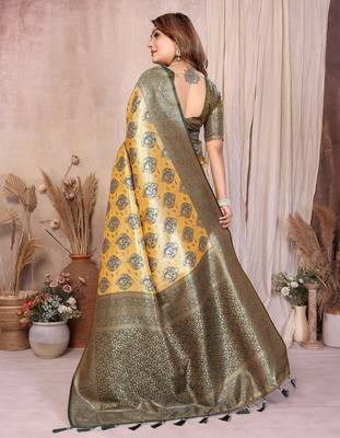 yellow heavy rich faux banarasi tissue silk blend blend ceremonial traditional looks 3