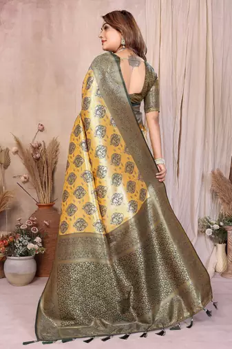 yellow heavy rich faux banarasi tissue silk blend blend ceremonial traditional looks