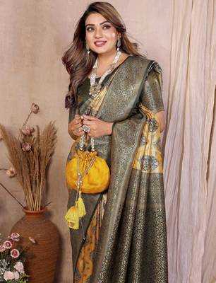 yellow heavy rich faux banarasi tissue silk blend blend ceremonial traditional looks 4