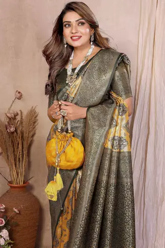 yellow heavy rich faux banarasi tissue silk blend blend ceremonial traditional looks