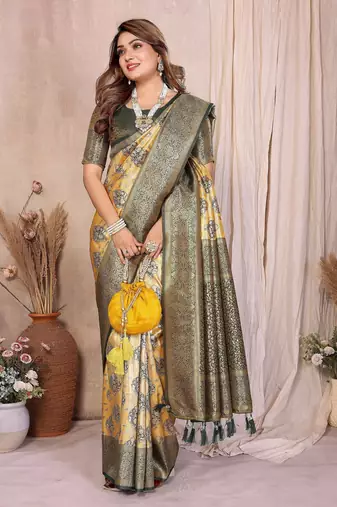 yellow heavy rich faux banarasi tissue silk blend blend ceremonial traditional looks