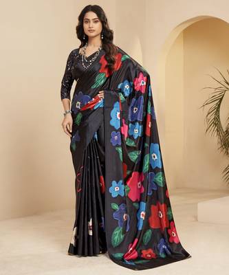 black malai crepe art silk blend digital printed ethnic partywear saree 1