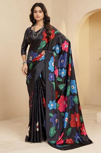 black color malai crepe art silk digital printed ethnic partywear saree