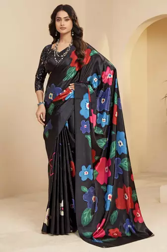 black color malai crepe art silk designer digital printed ethnic partywear saree