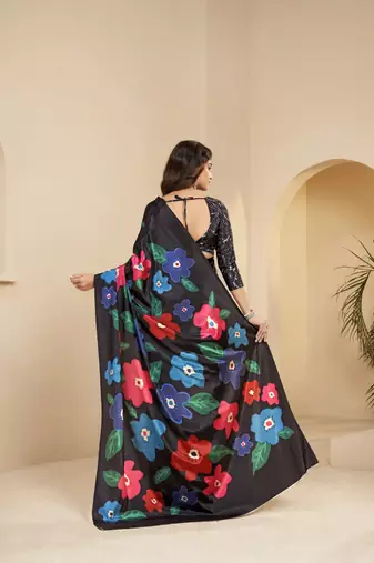 black malai crepe art silk blend digital printed ethnic partywear saree