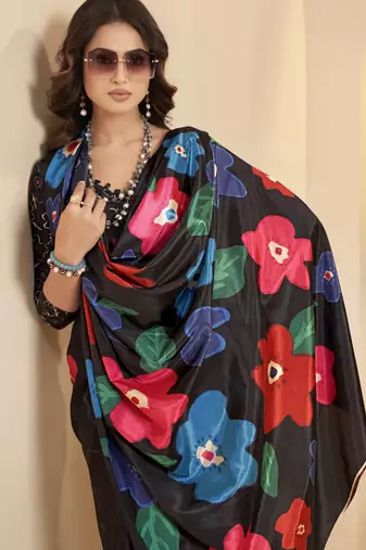 black malai crepe art silk blend digital printed ethnic partywear saree