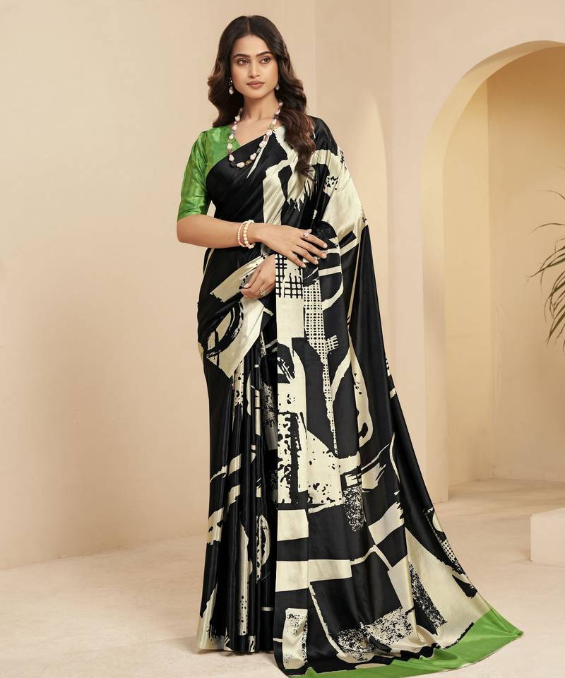 black color malai crepe art silk designer digital printed ethnic partywear saree
