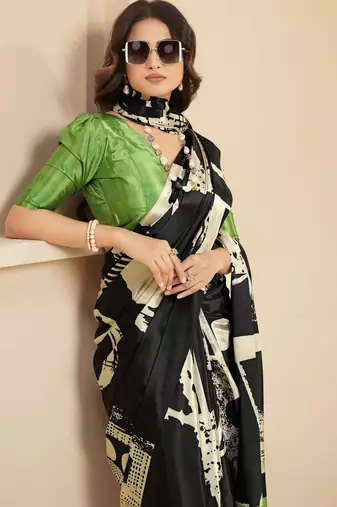 black malai crepe art silk blend digital printed ethnic partywear saree