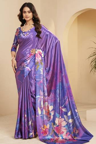 mauve color malai crepe art silk designer digital printed ethnic partywear saree