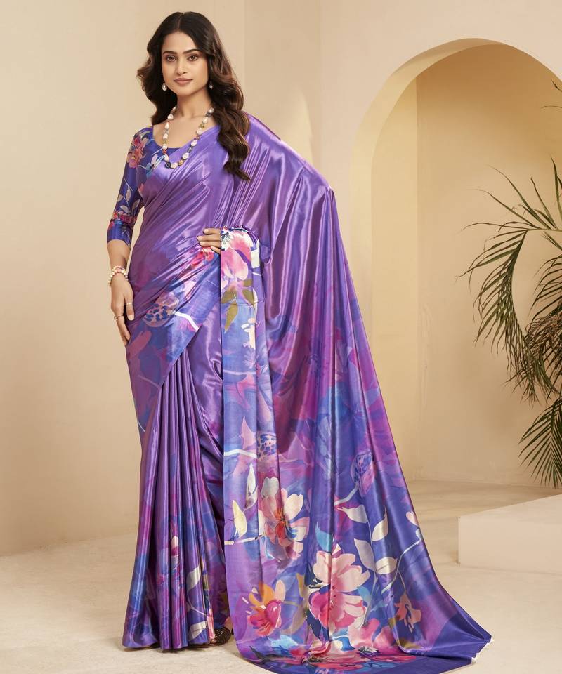 mauve color malai crepe art silk designer digital printed ethnic partywear saree