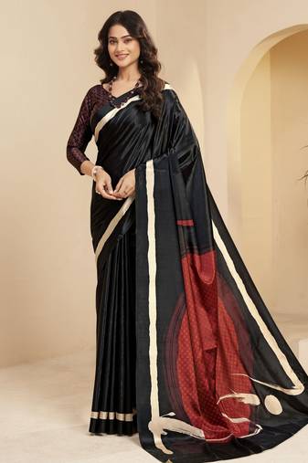 black color malai crepe art silk designer digital printed ethnic partywear saree