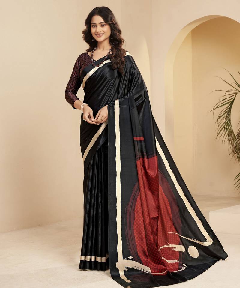 black color malai crepe art silk designer digital printed ethnic partywear saree