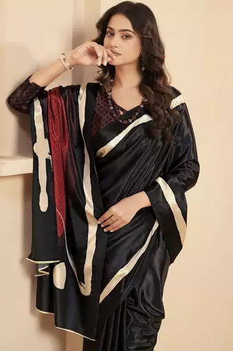 black malai crepe art silk blend digital printed ethnic partywear saree