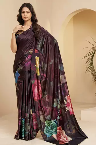 wine color malai crepe art silk designer digital printed ethnic partywear saree
