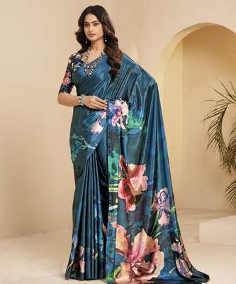 blue malai crepe art silk blend digital printed ethnic partywear saree 1