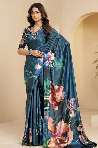 blue color malai crepe art silk designer digital printed ethnic partywear saree