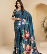 blue color malai crepe art silk designer digital printed ethnic partywear saree