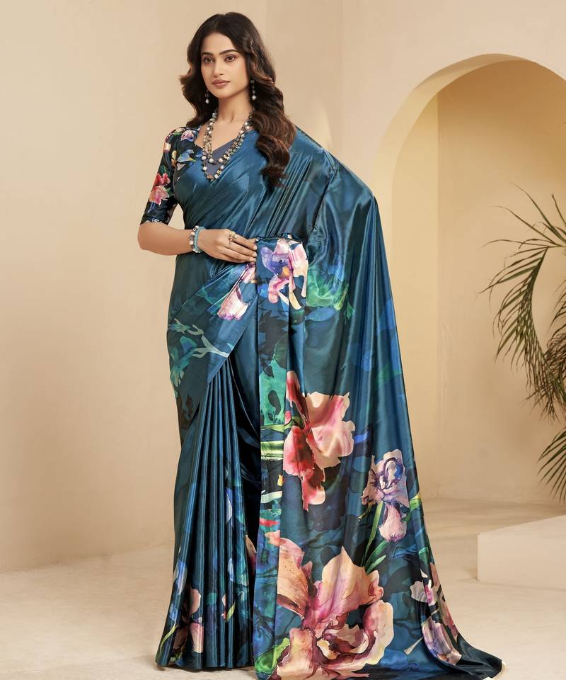 blue color malai crepe art silk designer digital printed ethnic partywear saree