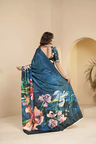 blue malai crepe art silk blend digital printed ethnic partywear saree