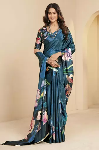blue malai crepe art silk blend digital printed ethnic partywear saree