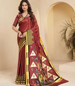 rust color malai crepe art silk designer digital printed ethnic partywear saree