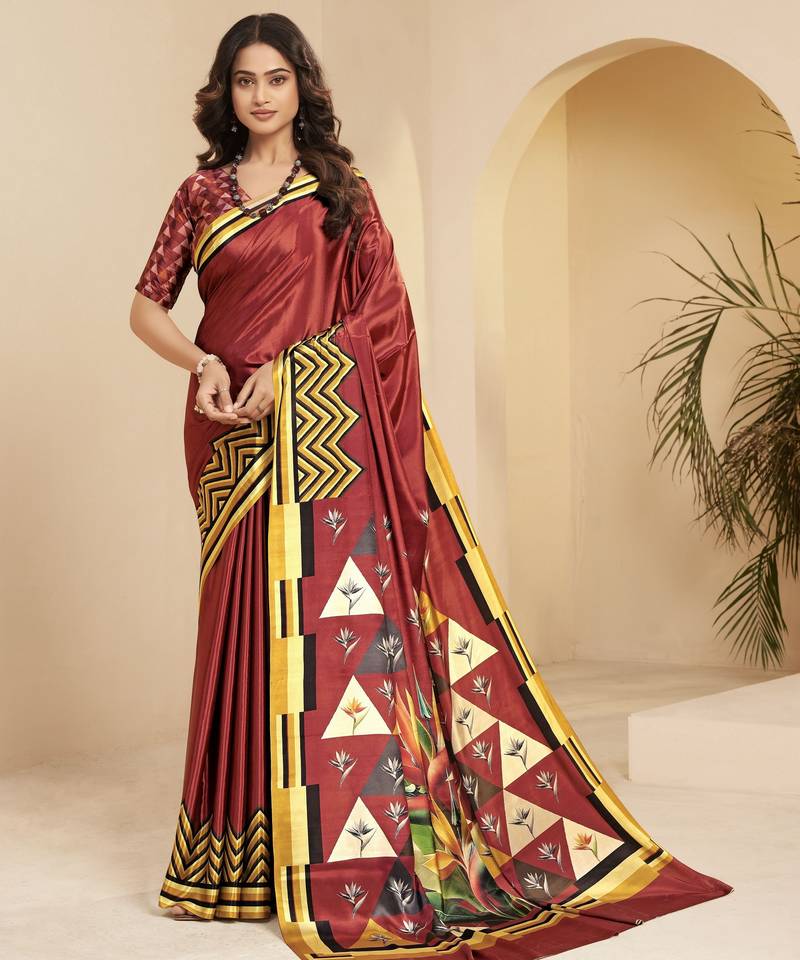 rust color malai crepe art silk designer digital printed ethnic partywear saree