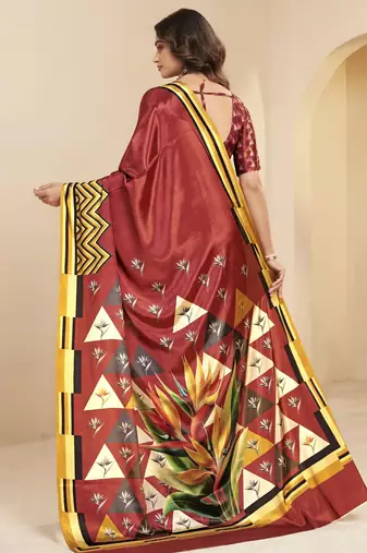 rust malai crepe art silk blend digital printed ethnic partywear saree