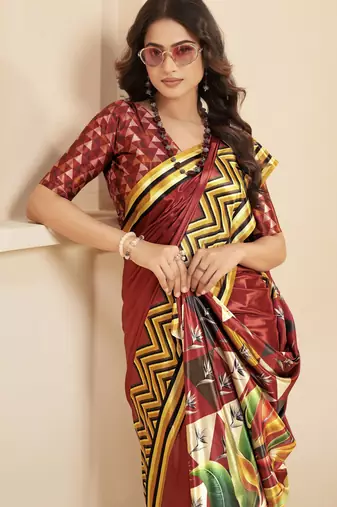 rust malai crepe art silk blend digital printed ethnic partywear saree