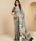 steel grey color malai crepe art silk designer digital printed ethnic partywear saree