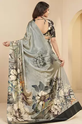 steel grey malai crepe art silk blend digital printed ethnic partywear saree