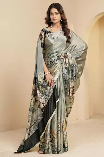 steel grey malai crepe art silk blend digital printed ethnic partywear saree