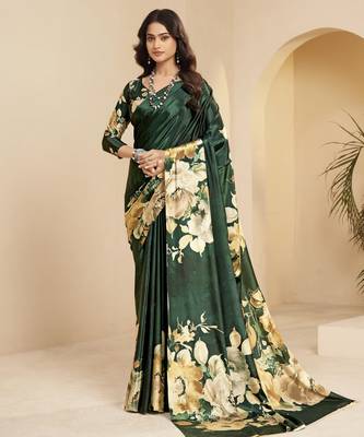 green malai crepe art silk blend digital printed ethnic partywear saree 1