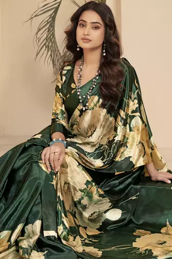 green malai crepe art silk blend digital printed ethnic partywear saree