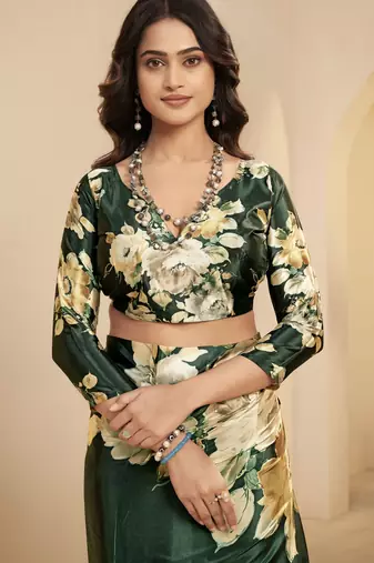 green malai crepe art silk blend digital printed ethnic partywear saree