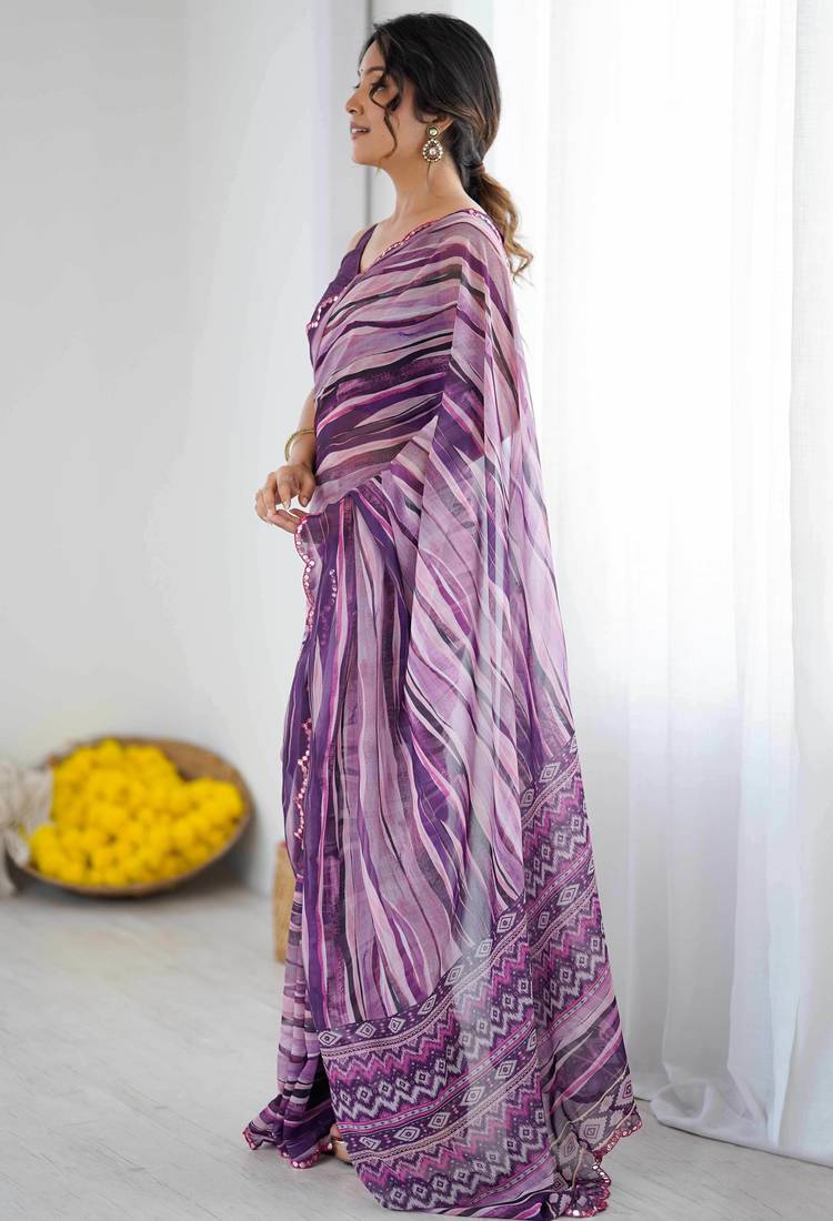 violet color georgette fabric designer fancy printed bollywood style ceremonial saree