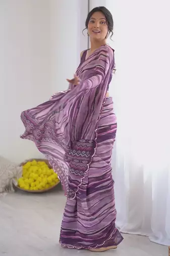 violet georgette fancy printed style ceremonial saree