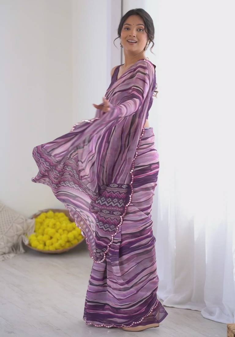 violet color georgette fabric designer fancy printed bollywood style ceremonial saree