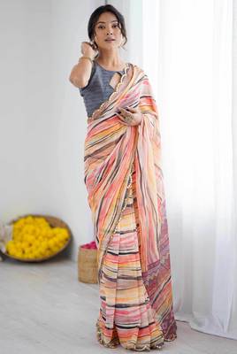 peach georgette fancy printed style ceremonial saree 1