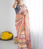 peach color georgette fabric designer fancy printed bollywood style ceremonial saree
