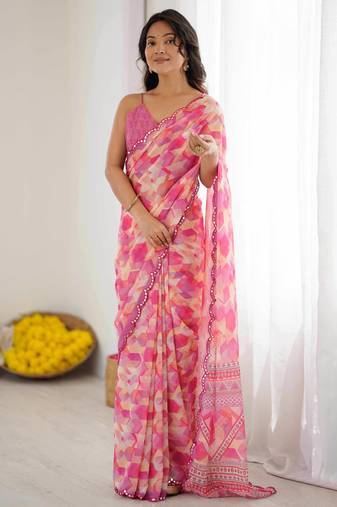 pink color georgette fabric designer fancy printed bollywood style ceremonial saree