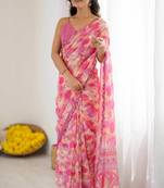 pink color georgette fabric designer fancy printed bollywood style ceremonial saree
